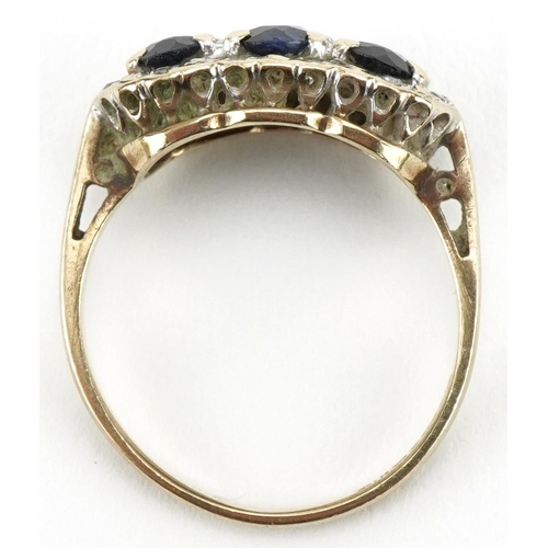 3076 - 9ct gold sapphire and diamond cluster ring, size L, 2.2g