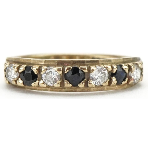 3305 - 9ct gold sapphire and clear stone half eternity ring, size K, 1.5g