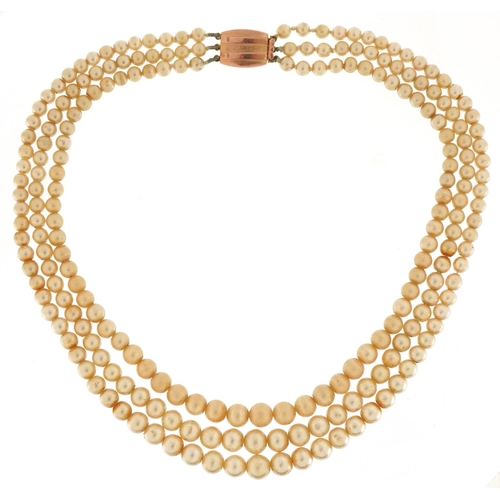 3252 - Simulated pearl three row necklace with 9ct gold clasp, 38cm in length