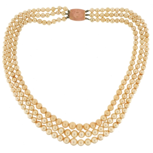 3252 - Simulated pearl three row necklace with 9ct gold clasp, 38cm in length