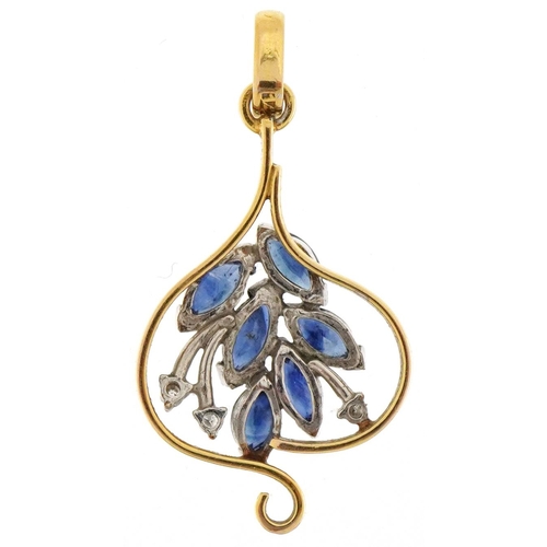 3275 - 14ct gold sapphire and diamond naturalistic pendant, 2.7cm high, 1.7g