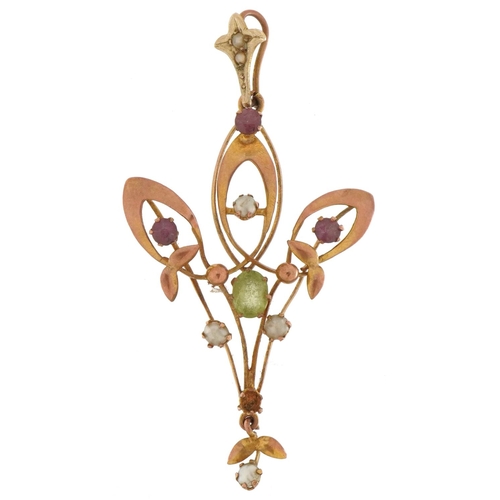 3040 - Art Nouveau 9ct gold openwork multi gem pendant, 4.8cm high, 1.5g