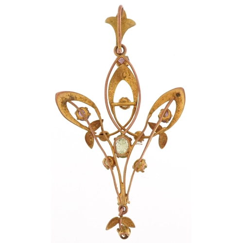 3040 - Art Nouveau 9ct gold openwork multi gem pendant, 4.8cm high, 1.5g