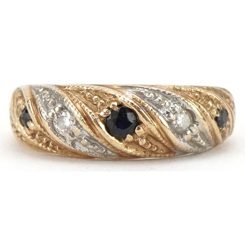 3132 - 9ct two tone gold diamond and sapphire ring, size H, 2.3g