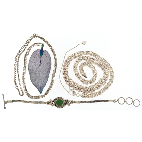 3463 - Silver and white metal jewellery including a multi link necklace and jade style bracelet, total weig... 