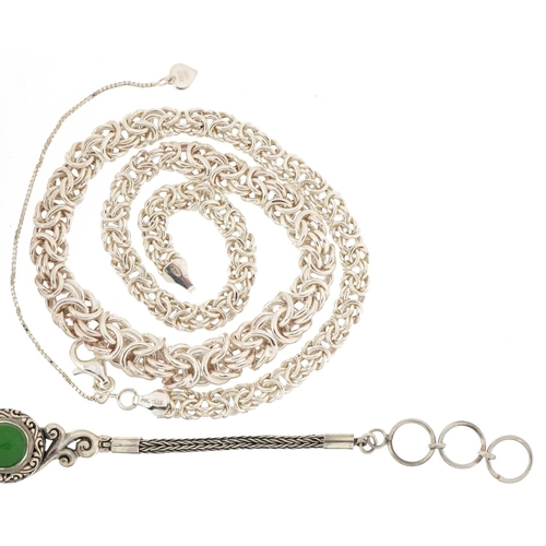 3463 - Silver and white metal jewellery including a multi link necklace and jade style bracelet, total weig... 