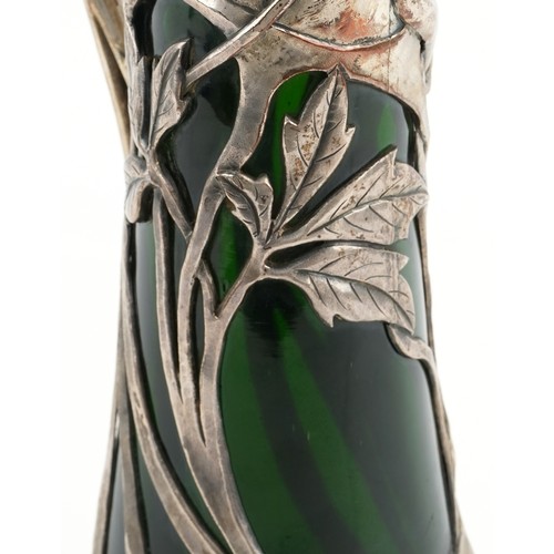 480 - WMF Art Nouveau pewter maiden claret jug, with green glass liner, 40cm high