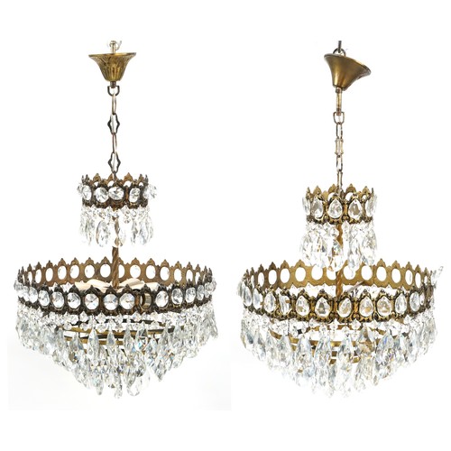 1111A - Pair of ornate gilt brass four tier chandeliers with cut glass drops, 42cm in diameter