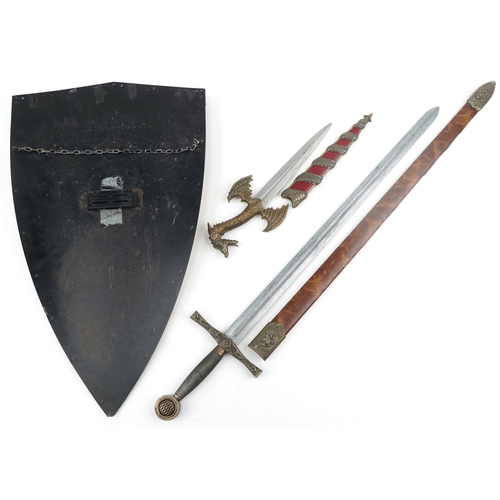 1187 - Decorative Excalibur sword together with a re-enactment shield and dragon design dagger with sheath,... 