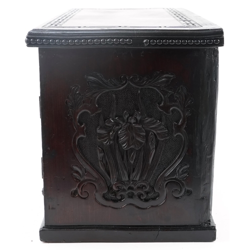 340 - Chinese carved wood table top cabinet in the form of a desk fitted with a series of drawers, 33cm H ... 