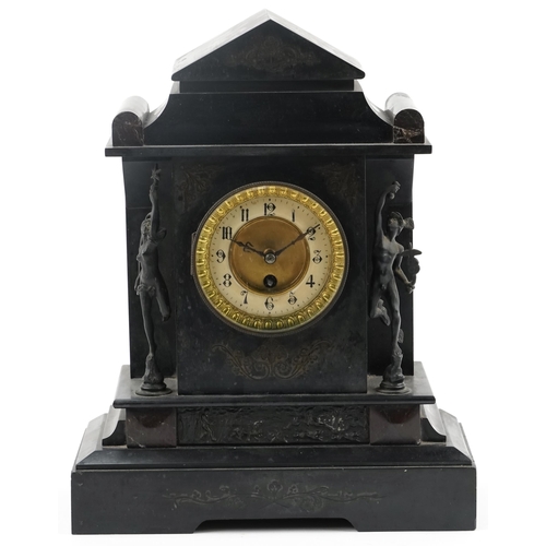 186 - Victorian black slate mantle clock with classical figure mounted with figures having enamelled chapt... 