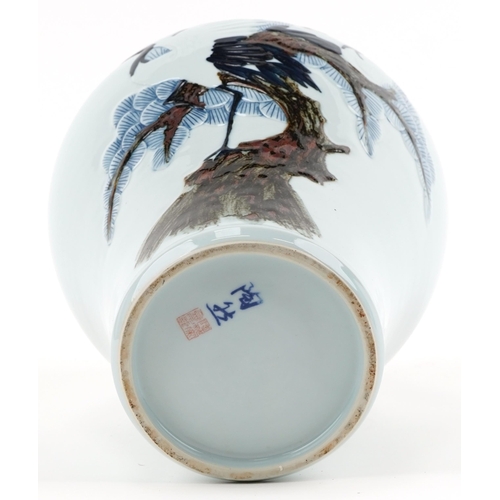 296 - Large Japanese porcelain baluster vase hand painted with storks on a tree, character marks to the ba... 