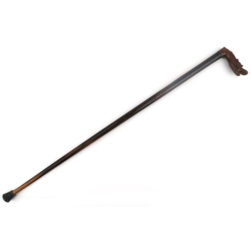 1424 - Rosewood walking stick with carved Chinese dragon head handle, 90cm in length