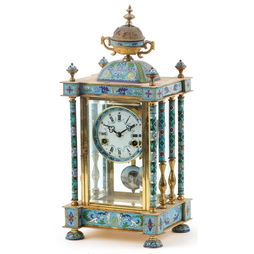 185 - French champlevé enamel and brass four glass mantle clock striking on a gong having enamelled dial w... 