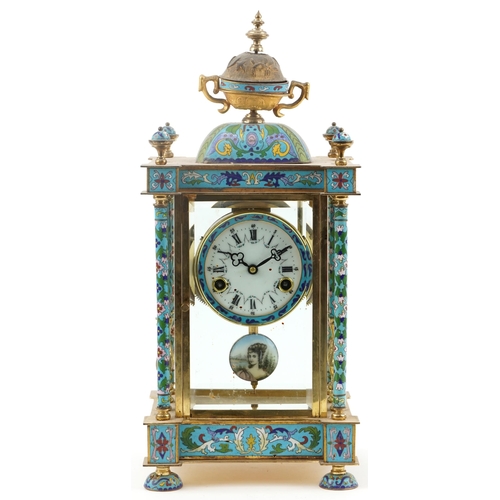 185 - French champlevé enamel and brass four glass mantle clock striking on a gong having enamelled dial w... 