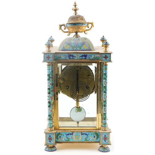 185 - French champlevé enamel and brass four glass mantle clock striking on a gong having enamelled dial w... 