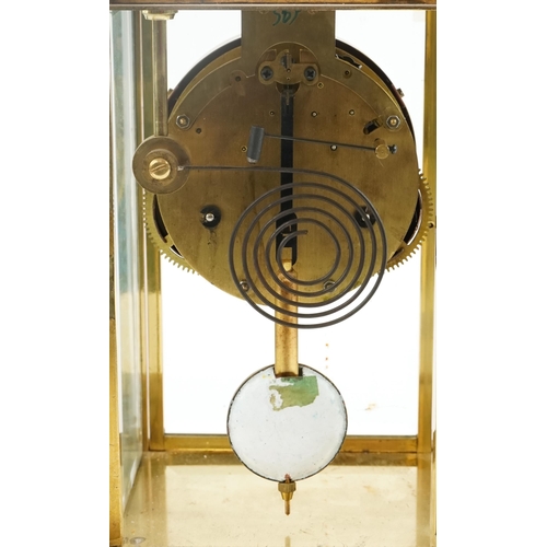 185 - French champlevé enamel and brass four glass mantle clock striking on a gong having enamelled dial w... 