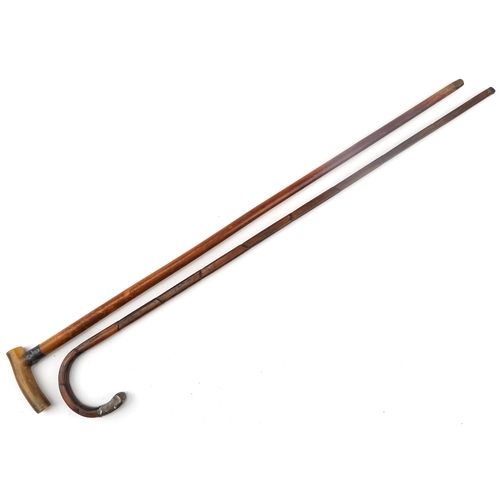 221 - Two silver mounted walking sticks, one with horn handle, the largest 93cm in length