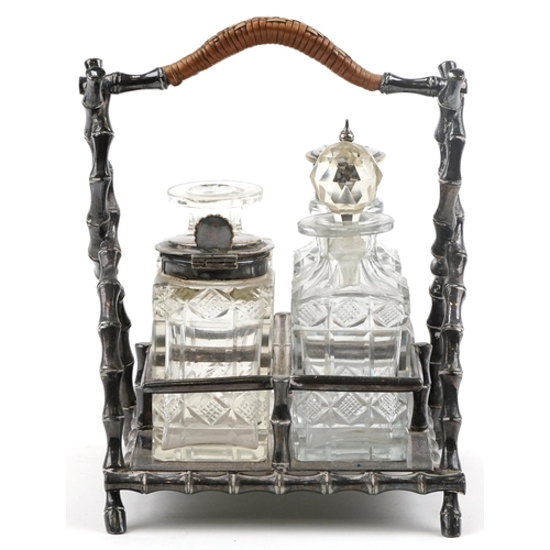 73 - Victorian aesthetic silver plated four bottle cruet stand with cut glass bottles, 19cm high