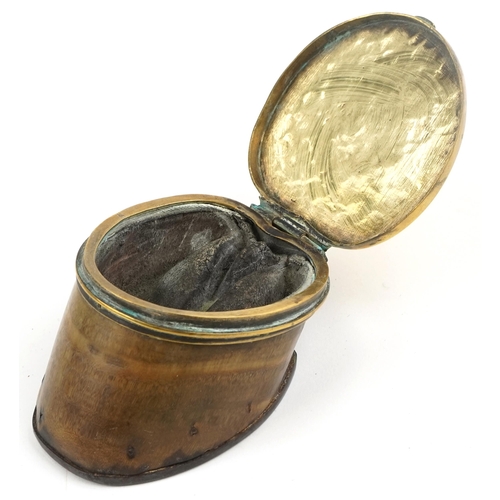 110 - Antique taxidermy interest horse hoof inkwell with brass cover, 7.5cm in length