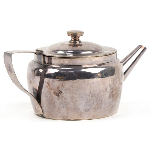 17 - Christopher Dresser design silver plated teapot with removable liner, stamped Hukin & Heath, lozenge... 