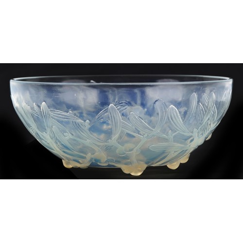 16 - Lalique, opalescent Mistletoe pattern bowl etched R Lalique France to the base, 24cm in diameter