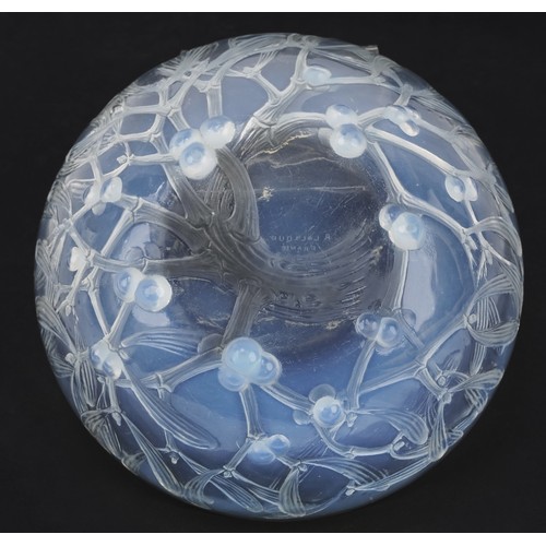  Lalique, opalescent Mistletoe pattern bowl etched R Lalique France to the base, 24cm in diameter