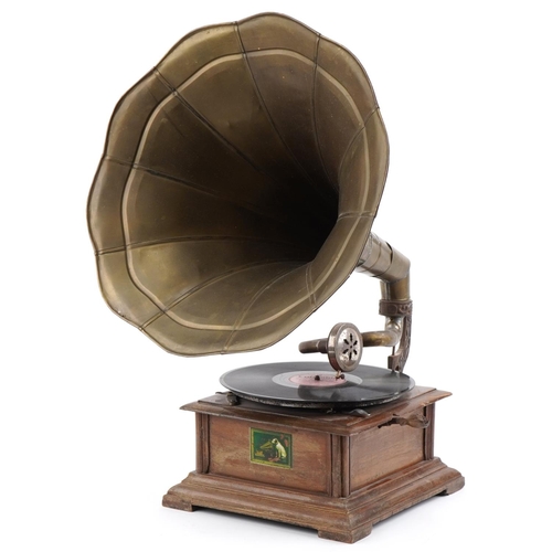 626 - Vintage oak cased gramophone with brass horn, 62cm high