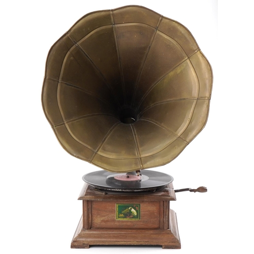 626 - Vintage oak cased gramophone with brass horn, 62cm high