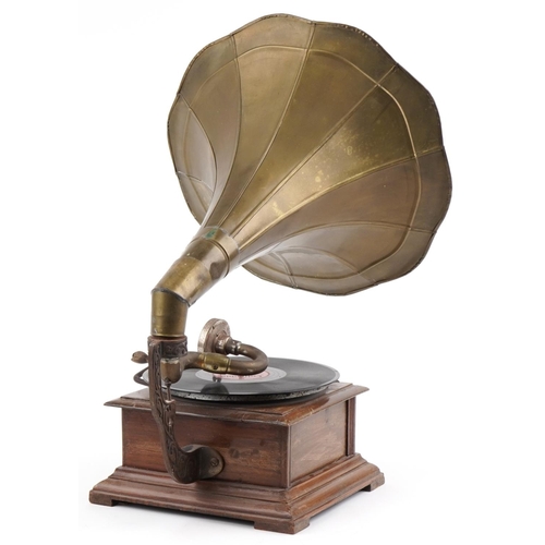 626 - Vintage oak cased gramophone with brass horn, 62cm high