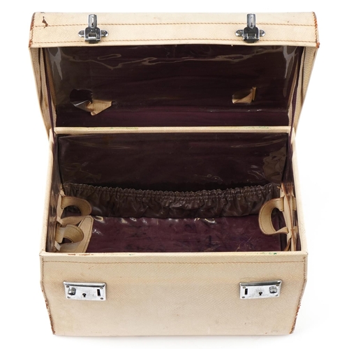 482 - Vintage cream leather travelling vanity case with five glass jars with silver tops, 36cm wide