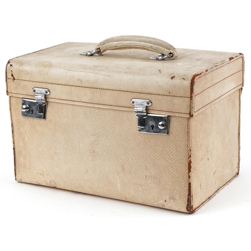 482 - Vintage cream leather travelling vanity case with five glass jars with silver tops, 36cm wide