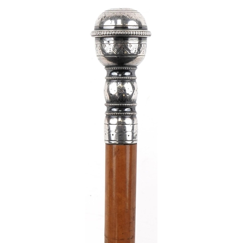 226 - Malacca walking cane with unmarked silver screw top handle, possibly for snuff, 90cm in length