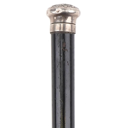 225 - Ebonised walking stick with silver screw top handle and compass, 87cm in length