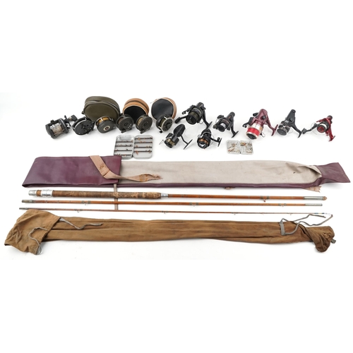 2399 - Collection of vintage and later fishing reels and a split cane fishing rod including Mitchell and fl... 