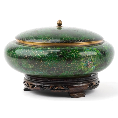 54 - Chinese cloisonné charger and bowl with cover on hardwood stand, the largest 37cm in diameter