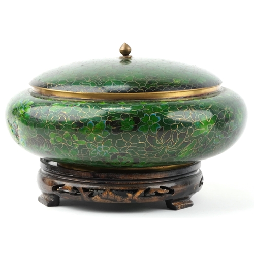 54 - Chinese cloisonné charger and bowl with cover on hardwood stand, the largest 37cm in diameter