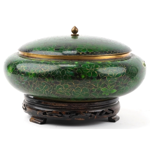 54 - Chinese cloisonné charger and bowl with cover on hardwood stand, the largest 37cm in diameter