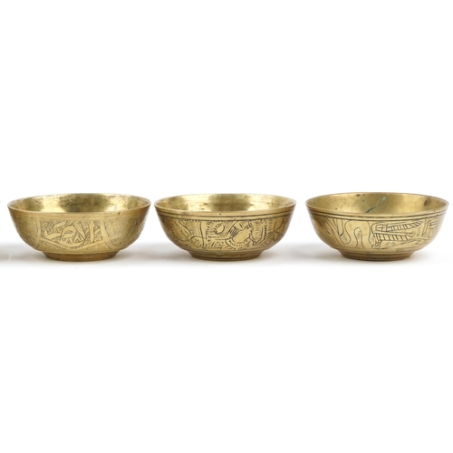 1238 - Set of six Egyptian bronze bowls engraved with camels and pyramids, 10cm in diameter