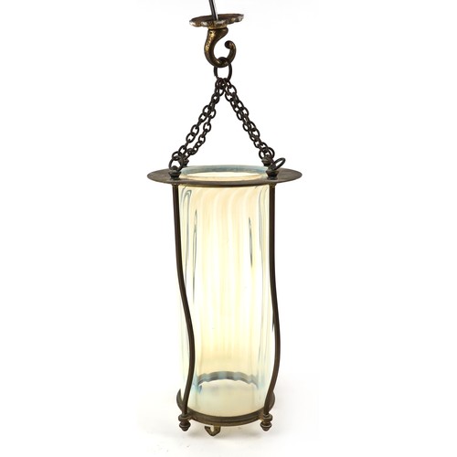 89 - Arts and Crafts brass and Vaseline glass hall lantern, 32cm high