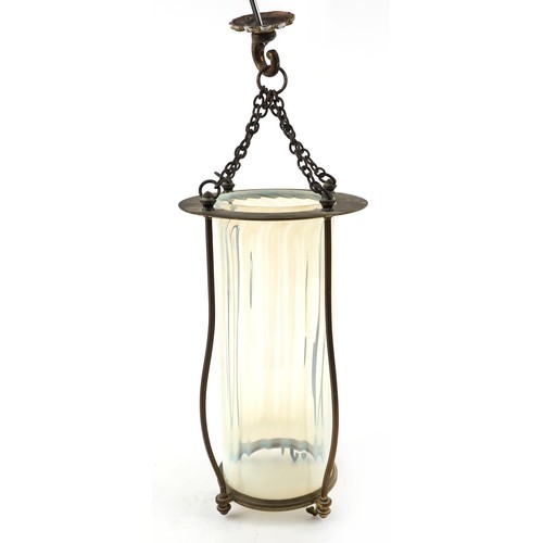 89 - Arts and Crafts brass and Vaseline glass hall lantern, 32cm high