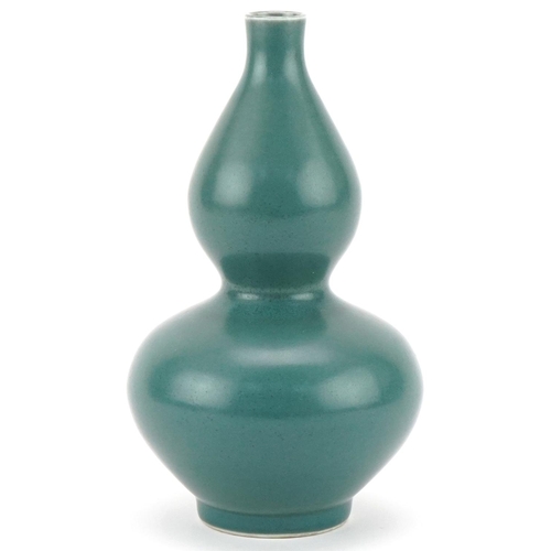 98 - Chinese porcelain celadon glazed double gourd vase, six figure character mark to the base, 16cm high