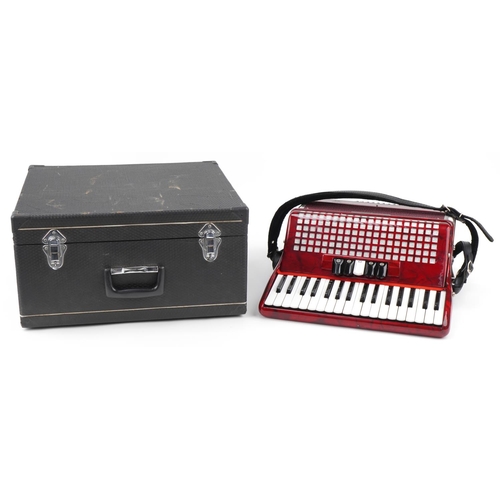 624 - Chanson red marbleised piano accordion, 40cm wide with protective carry case