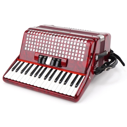 624 - Chanson red marbleised piano accordion, 40cm wide with protective carry case