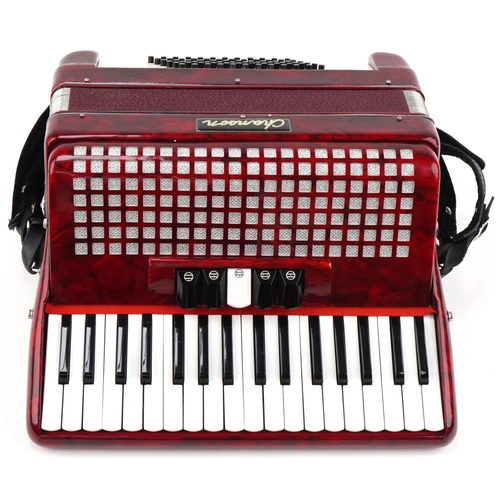 624 - Chanson red marbleised piano accordion, 40cm wide with protective carry case