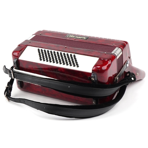 624 - Chanson red marbleised piano accordion, 40cm wide with protective carry case