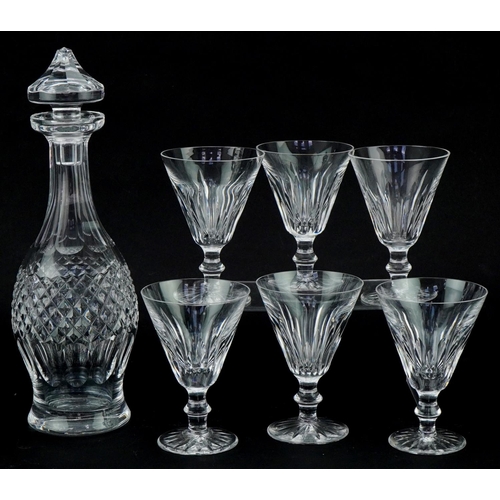 613 - Waterford Crystal decanter with stopper and six Sheila pattern wine glasses, the decanter 33cm high