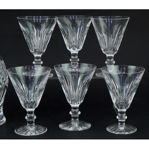 613 - Waterford Crystal decanter with stopper and six Sheila pattern wine glasses, the decanter 33cm high