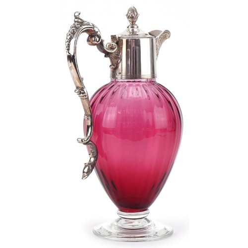 314 - Victorian cranberry glass claret jug with silver plated lid and handle, 25cm high