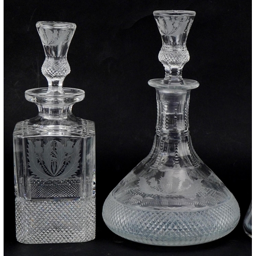 611 - Five good quality cut glass decanters with stoppers, four etched and cut with thistles, the largest ... 